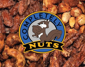 May include: A close-up of four different types of nuts, all coated in a sweet and savory glaze. The nuts are arranged in a grid pattern, with a logo for "Completely Nuts" in the center. The logo features a cartoon squirrel holding a nut.