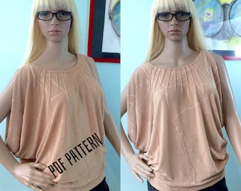 Blusa de punto con manga dividida en color beige con parte inferior con bandas/ Patrón de costura PDF en talla S/ Top holgado/ Top con hombros descubiertos