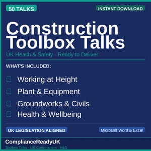 以下が含まれることがあります： 英国の労働安全衛生に関する50のトークを収録したConstruction Toolbox Talksというタイトルの濃紺のデジタル文書。高所作業、プラント・設備、土木工事、健康とウェルビーイングなどのトピックが記載されており、英国の法律に準拠しています。