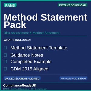 Puede incluir: Un documento digital Method Statement Pack con fondo azul oscuro y texto blanco. Enumera las inclusiones: Method Statement Template, Guidance Notes, Completed Example y CDM 2015 Aligned. Incluye etiquetas para RAMS, Instant Download, UK Legislation Aligned y Microsoft Word & Excel.