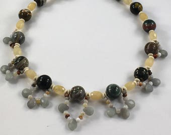 Jasper Necklace Size 18 Inch Agate Chalcedony Bone Beaded Multi Strand Gemstone Necklace Earthy Boho Chic Handmade Statement Necklace