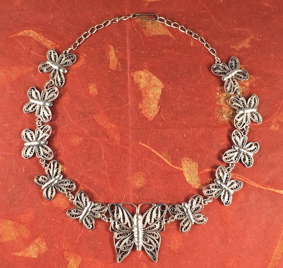 Vintage Butterfly Necklace Silver Filigree 15.5 Inches Etsy