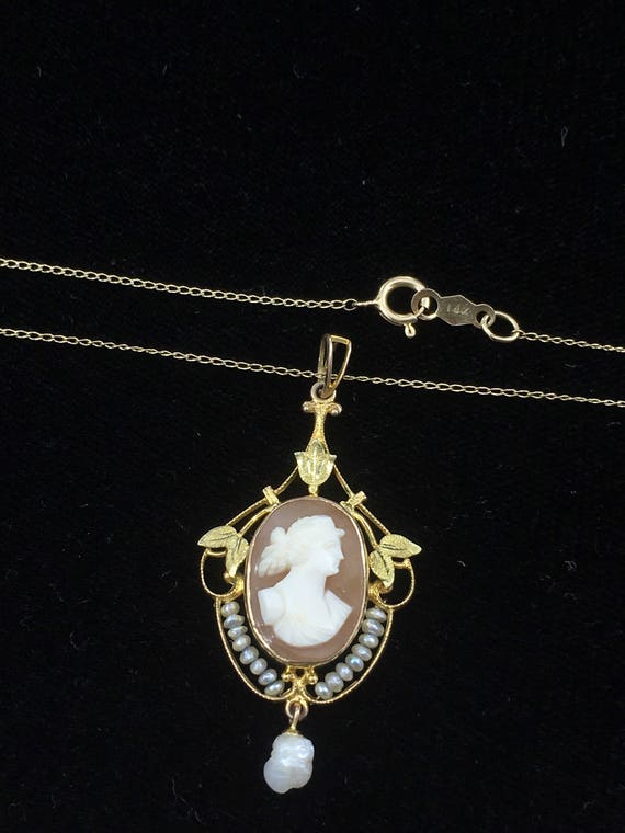 10KY Gold Lavaliere Cameo and Seed Pearl Pendant … - image 2