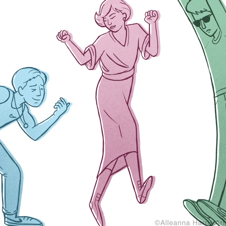 May include: A cartoon illustration of three figures dancing. A woman in a pink dress is the central figure, with arms raised. A blue figure on the left and a green figure on the right appear to be observing. The artwork has a simple, cartoon style.