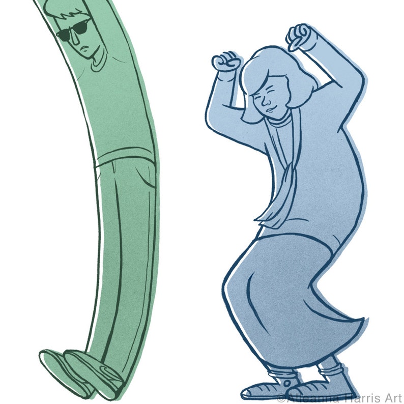 May include: Cartoon illustration of two figures dancing. One figure is green and wearing sunglasses, a t-shirt, and jeans. The other figure is blue and wearing a long-sleeved shirt and a long skirt. The style is simple and colourful.
