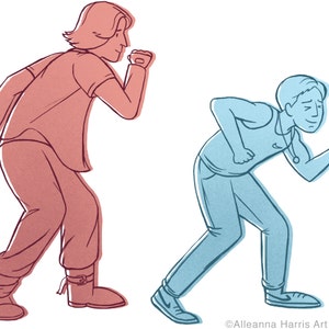 May include: An illustration depicting two figures in motion, one in red and the other in blue. The red figure is dressed in a short-sleeved shirt, trousers, and boots. The blue figure wears a vest top, jeans, and trainers. Both are in a running pose.