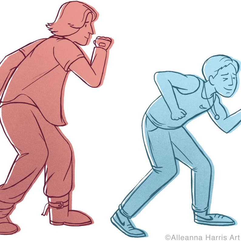 May include: An illustration depicting two figures in motion, one in red and the other in blue. The red figure is dressed in a short-sleeved shirt, trousers, and boots. The blue figure wears a vest top, jeans, and trainers. Both are in a running pose.