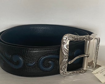 Cool Casual Vintage NOS Brighton Silver Buckle Black and Blue Leather Reversible Belt for Him/Her/They Sz. L/34