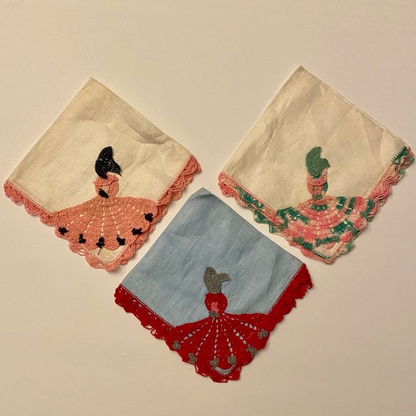 Set of (3) Vintage Irish Linen Handkerchiefs/Hankies with Crochet Lady Wearing a Bonnet and Crochet Border Finish to Frame/Gift/Display