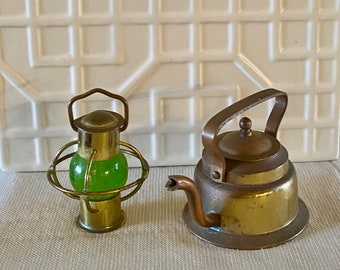 Vintage Miniature/Dollhouse Copper/Brass? Tea Kettle and Lantern Made in Holland- Collectible Minis