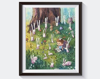 Cute Bunny and Boy - Artist - Watercolor Art Print - Boys Rooms Decor