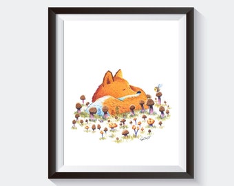 Fox and Mushrooms - Art Print