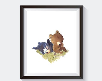 Cozy Bear and Bunny Art Print - Black Bear - Brown Bear - Kids Room Decor