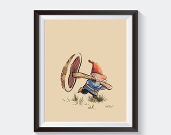 Gnome and Mushroom - Children's Room Wall Art - Cute Gnome Painting - Garden Gnome Art Print - Mushroom Illustration