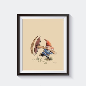 Gnome and Mushroom - Children&#39;s Room Wall Art - Cute Gnome Painting - Garden Gnome Art Print - Mushroom Illustration