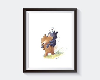 Cute Bear and Bunny Art Print - Black Bear - Brown Bear - Kids Room Decor - Watercolor Painting - Nursery Artwork