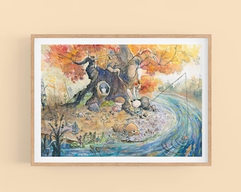 May include: A watercolor painting of a whimsical scene with a large tree, a river, and four figures. The figures are sitting by the river, fishing. The tree has colorful leaves and a bear is sitting at the base of the tree.