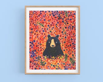 Stampa artistica con orso nero e bacche: decorazione per bambini con foresta stravagante