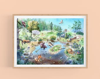 May include: Watercolor illustration of a forest scene with various animals, including bears, foxes, and owls. The artwork features a pond and lush greenery, with a wooden frame. The color palette includes blues, greens, and browns.