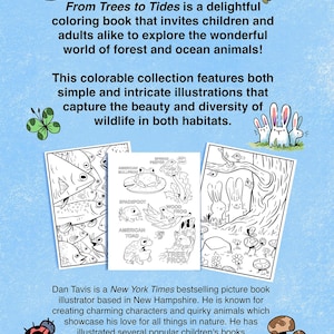 K&ouml;nnte beinhalten: Ein Cover f&uuml;r ein Malbuch mit Illustrationen von Wald- und Meerestieren. Das Cover zeigt einen blauen Hintergrund mit einem wei&szlig;en Rand und den Text "From Trees to Tides is a delightful coloring book that invites children and adults alike to explore the wonderful world of forest and ocean animals! This colorable collection features both simple and intricate illustrations that capture the beauty and diversity of wildlife in both habitats."