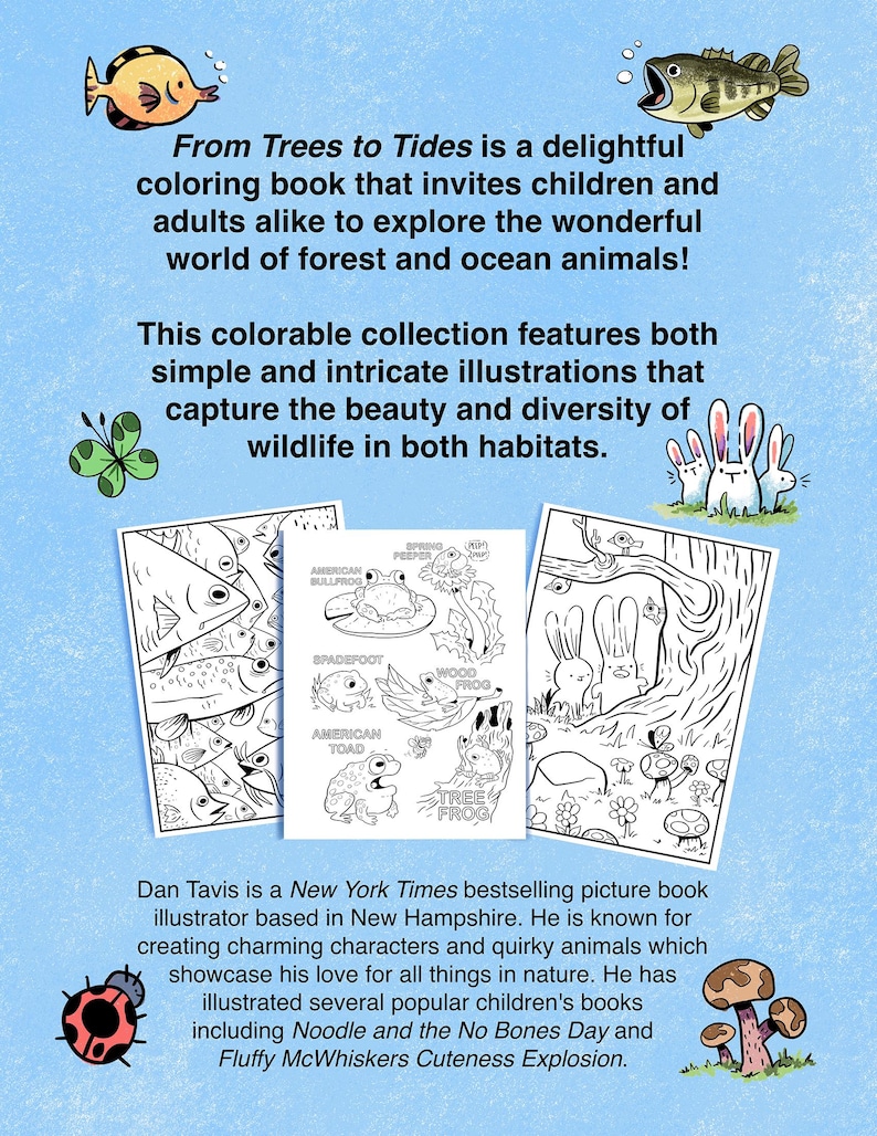 K&ouml;nnte beinhalten: Ein Cover f&uuml;r ein Malbuch mit Illustrationen von Wald- und Meerestieren. Das Cover zeigt einen blauen Hintergrund mit einem wei&szlig;en Rand und den Text "From Trees to Tides is a delightful coloring book that invites children and adults alike to explore the wonderful world of forest and ocean animals! This colorable collection features both simple and intricate illustrations that capture the beauty and diversity of wildlife in both habitats."