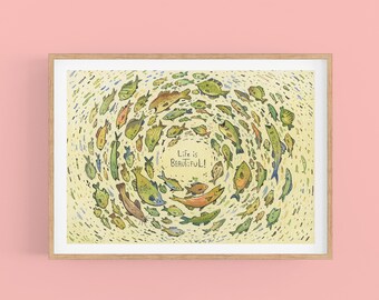 Colorful Fish Art Print: Kids Room Decor, Lake Cabin Poster