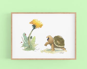 Turtle and Dandelion Art Print – Nature Illustration