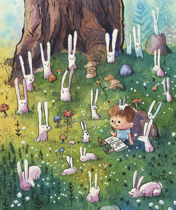 Stampa artistica da parete con coniglietto carino / Poster con coniglio acquerello con fiocco / Decorazione con animali del bosco per cameretta