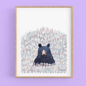 ウサギと黒クマ - かわいいウサギ - 自然アートプリント - 気まぐれな動物の絵画 - 子供部屋の装飾 - 教室 - 男の子女の子へのギフト
