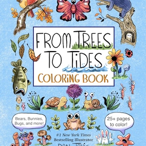 K&ouml;nnte beinhalten: Ein Malbuch mit dem Titel "From Trees to Tides Coloring Book" mit Illustrationen von Tieren, Pflanzen und Insekten. Das Buch hat einen blauen Hintergrund mit einer Vielzahl von bunten Illustrationen, darunter ein Kardinal, ein Schmetterling, ein B&auml;r, eine Eule, ein Fisch, eine Schildkr&ouml;te, eine Schnecke, ein Frosch, ein Kaninchen, ein Seestern und ein Hai. Das Buch ist von #1 New York Times Bestselling Illustrator Dan Tavis und hat &uuml;ber 25 Seiten zum Ausmalen.
