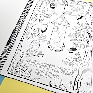 K&ouml;nnte beinhalten: Eine Schwarzwei&szlig;illustration einer Vogeltr&auml;nke mit verschiedenen V&ouml;geln, die auf &Auml;sten sitzen. Der Text "BIRDFEEDER BIRDS" ist in gro&szlig;er Schrift am unteren Rand der Seite geschrieben. Zu den V&ouml;geln geh&ouml;ren ein Blauh&auml;her, ein Meisen, ein Blaumeise und ein Kardinal.