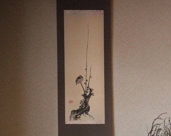 Japanese vintage hanging scroll KAKEJIKU, bird and plum blossoms