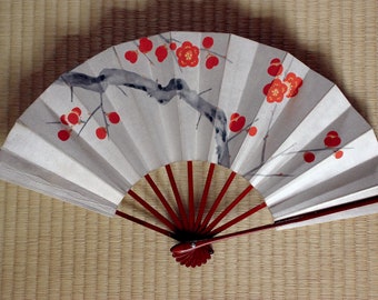 Japanese vintage dance fan, plum blossoms silver