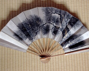 Japanese vintage dance fan, pine silver