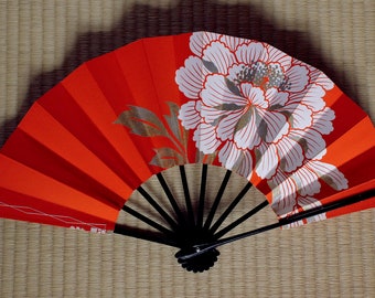 Japanese Dance Paper Fan - Hand-painted Peony (white and red)