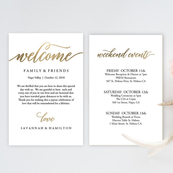 Wedding Welcome Bag Note, Gold, Wedding, Calligraphy, Welcome Bag Letter, Printable, Custom, Instant Download, Editable | 4x6" No. EDN 5208