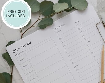 3 PIECE Menu Organizer Printable, Menu Planner, Food Journal, Food Tracker, Grocery List, Groceries BONUS To Do List | Minimalist