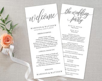 Wedding Program Editable Template | Program Printable, Ceremony Printable|Silver Rustic Calligrapy Hand Lettered| 4x9" |No. EDN 5183B Silver