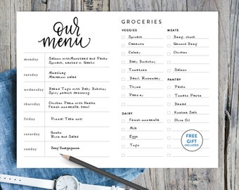 Printable Menu Planner Bundle with Grocery List printable, Food Journal, Grocery List, Simple, clean, modern design, layout printable