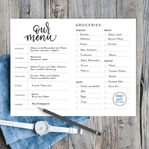 Ensemble de planificateur de menus imprimable avec liste d'épicerie imprimable, journal alimentaire, liste d'épicerie, design simple, propre et moderne, mise en page imprimable image 1