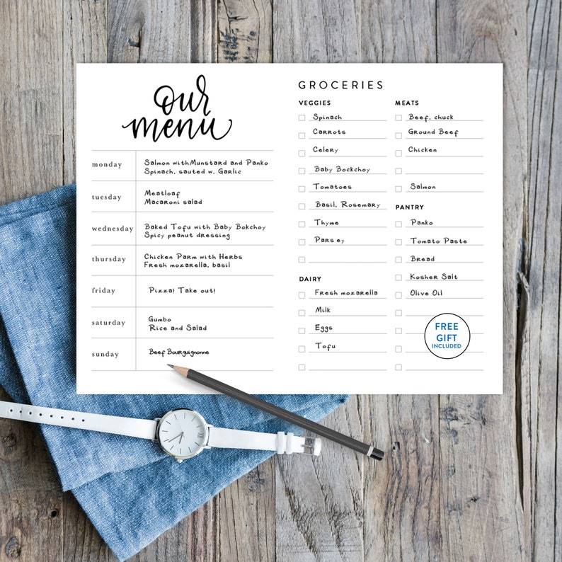 Ensemble de planificateur de menus imprimable avec liste d'épicerie imprimable, journal alimentaire, liste d'épicerie, design simple, propre et moderne, mise en page imprimable image 1