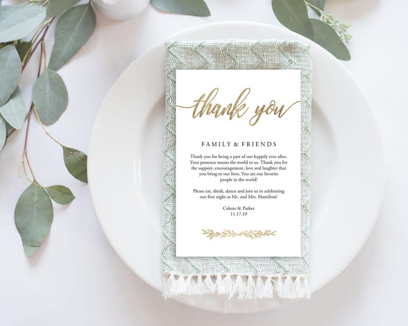 Wedding Thank You Card Printable, Calligraphy, Wedding Table Thank You, Instant Download, Template, DIY 4x6 No. EDN 5487 Gold image 1