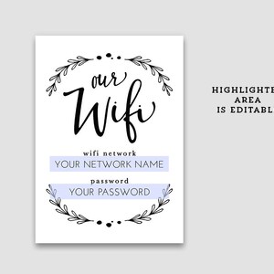 Printable Wifi Password Instant Download, Custom, Template, Home Decor, Hand Lettered, Personalized 8x10 and 5x7 No. WIFI-05 image 4