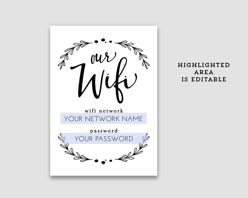 Printable Wifi Password Instant Download, Custom, Template, Home Decor, Hand Lettered, Personalized 8x10 and 5x7 No. WIFI-05 image 4