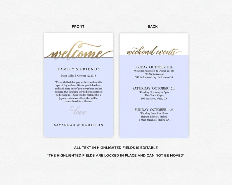 Wedding Welcome Bag Note, Gold, Wedding, Calligraphy, Welcome Bag Letter, Printable, Custom, Instant Download, Editable 4x6 No. EDN 5208 image 7