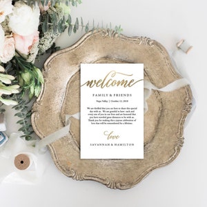 Wedding Welcome Bag Note, Gold, Wedding, Calligraphy, Welcome Bag Letter, Printable, Custom, Instant Download, Editable 4x6 No. EDN 5208 image 4