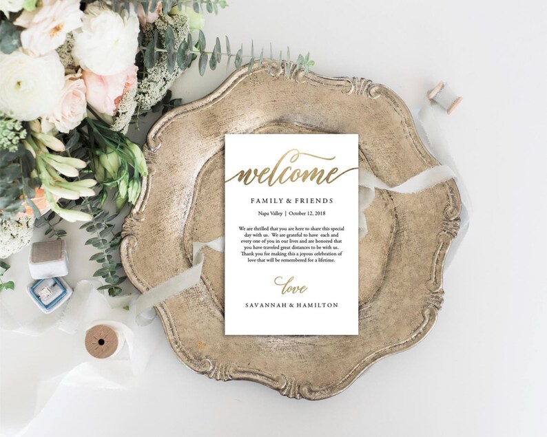 Wedding Welcome Bag Note, Gold, Wedding, Calligraphy, Welcome Bag Letter, Printable, Custom, Instant Download, Editable 4x6 No. EDN 5208 image 4