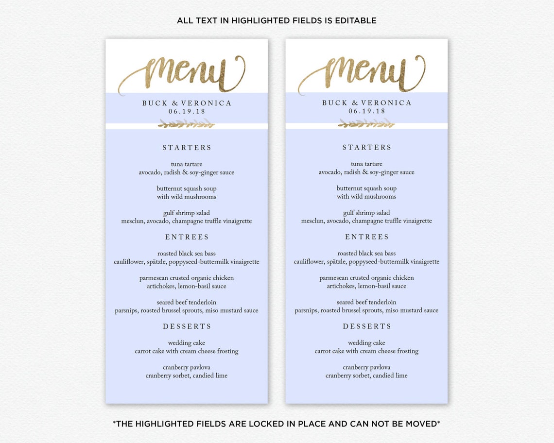 Wedding Menu Printable Printable Dinner Menu Editable | Etsy