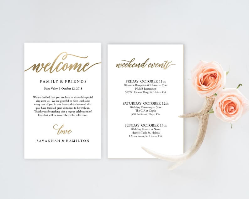 Wedding Welcome Bag Note, Gold, Wedding, Calligraphy, Welcome Bag Letter, Printable, Custom, Instant Download, Editable 4x6 No. EDN 5208 image 1