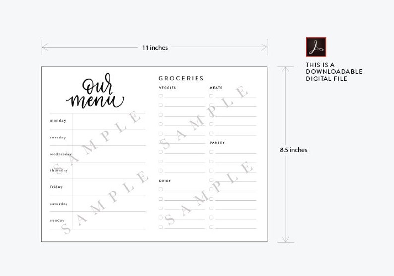 Ensemble de planificateur de menus imprimable avec liste d'épicerie imprimable, journal alimentaire, liste d'épicerie, design simple, propre et moderne, mise en page imprimable image 5